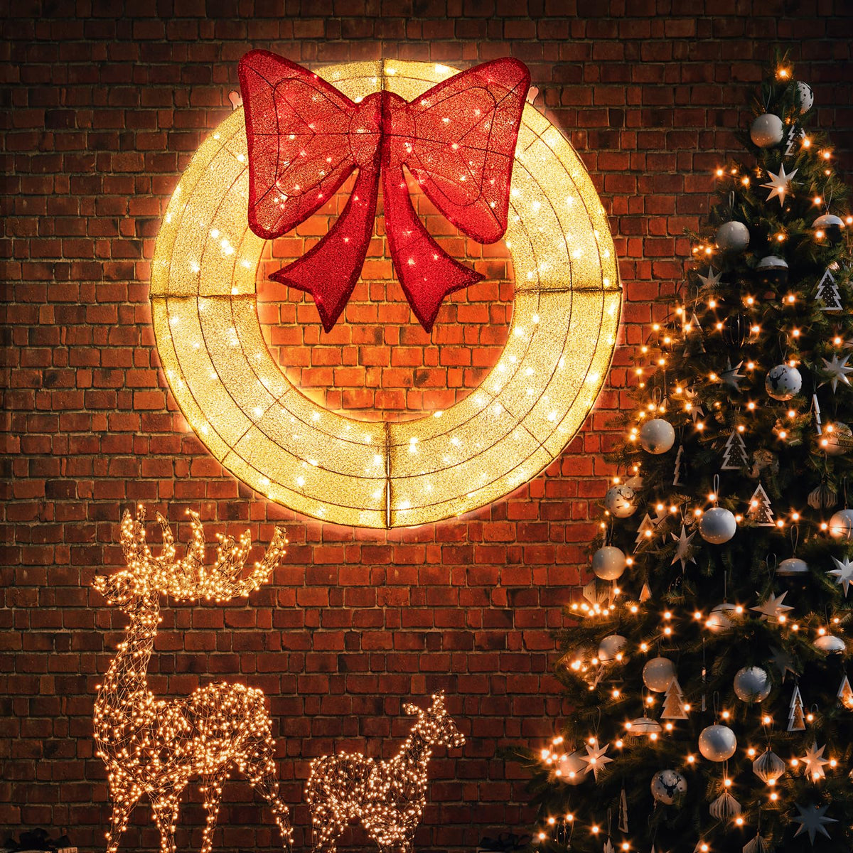 Lucktree 48 Inch Pre-Lit Christmas Wreath, Indoor/Outdoor Xmas Decoration with 200 LED Lights