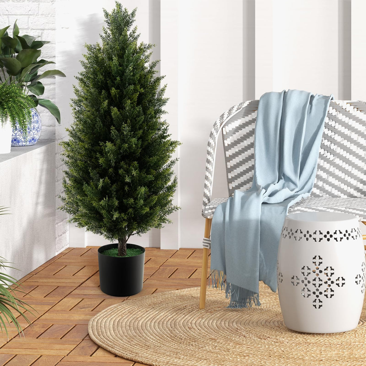 Lucktree 3FT Artificial Topiary Cedar Tree, Faux Potted Plants Artificial Cypress Tree with Cement Plastic Pot
