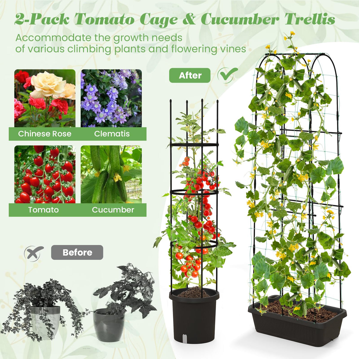 Lucktree Set of 2 Raised Garden Bed w/Trellis & Plant Cage, Planter Box w/ 71” Cucumber Trellis