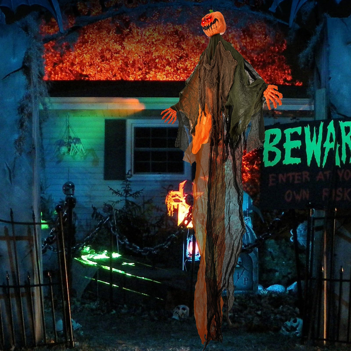 Lucktree 6 Ft Hanging Halloween Decoration, Ghost Pumpkin Man with Red LED Eyes & Posable Arms