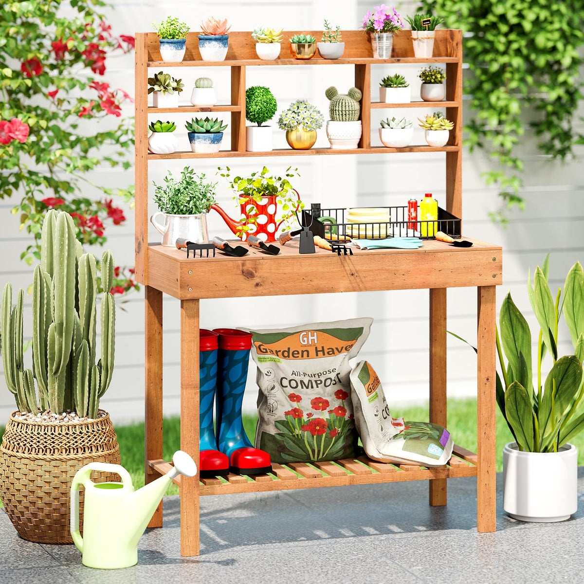 Lucktree Outside Solid Wood Potting Table with Flip-up Tabletop