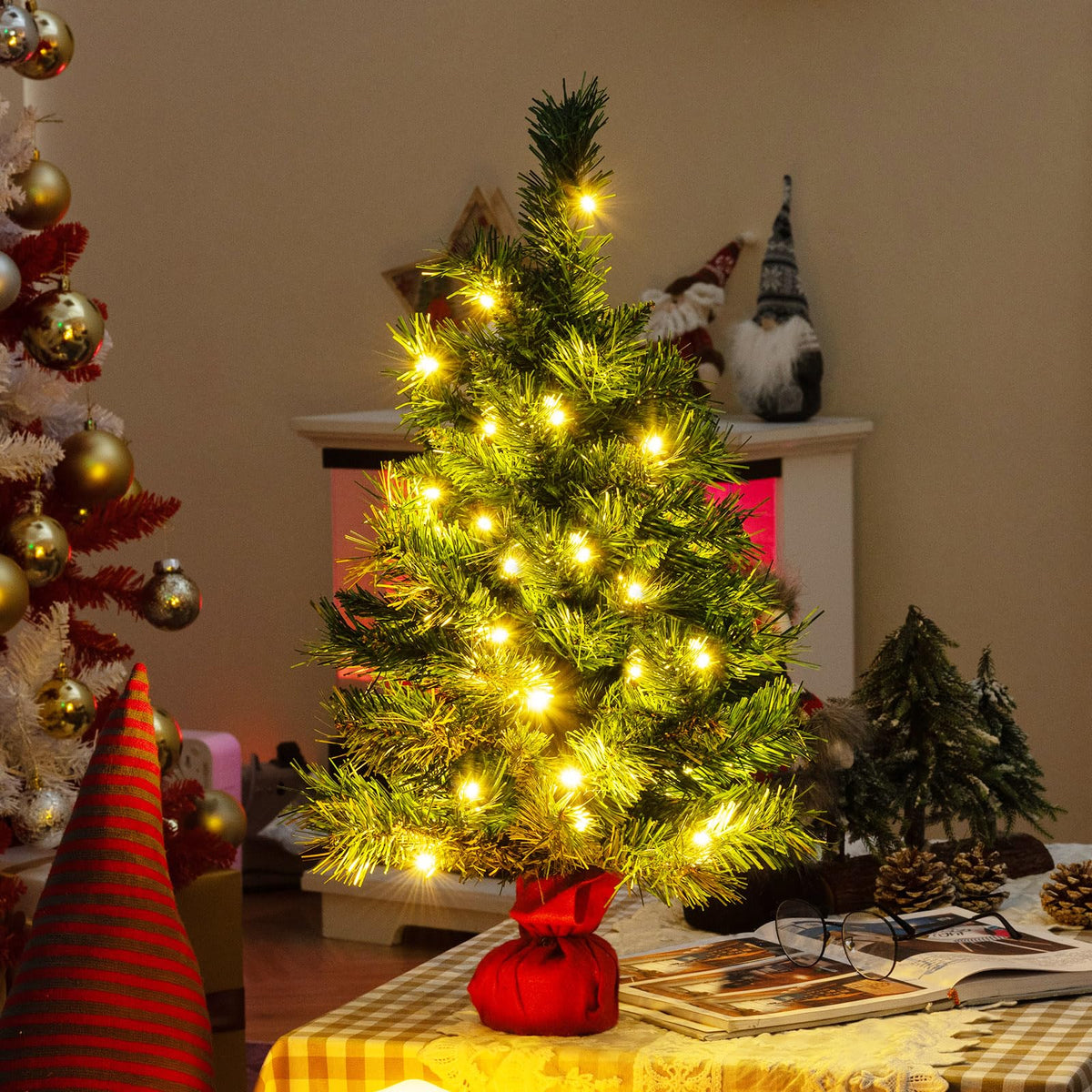 Lucktree Tabletop Battery Operated Small Fir Xmas Tree with Warm White LED Lights