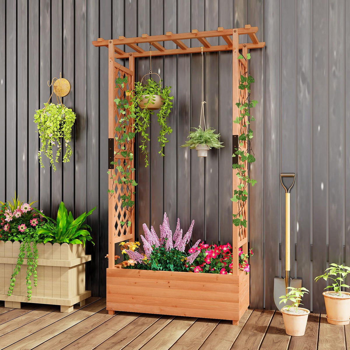 Lucktree Raised Garden Bed with 2-Sided Trellis & Hanging Roof