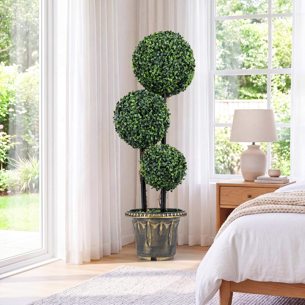 Lucktree 3 FT Artificial Boxwood Topiary Tree Sun-Protective Triple Ball Fake Plants Shrubs (1/2 Pack)