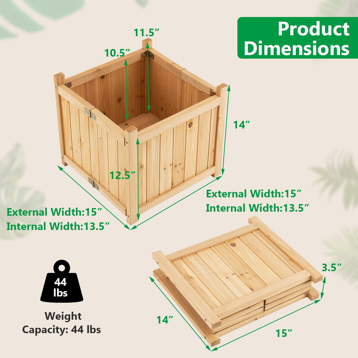 Lucktree 15” Planter Raised Garden Bed - Wooden Planting Box, Outdoor Folding Square Planter