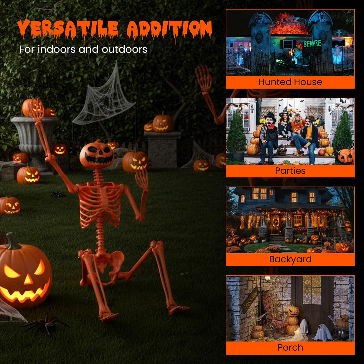 Lucktree 5.2 Ft Life-Size Posable Skeleton with Pumpkin Head Halloween Orange Skeleton Decoration