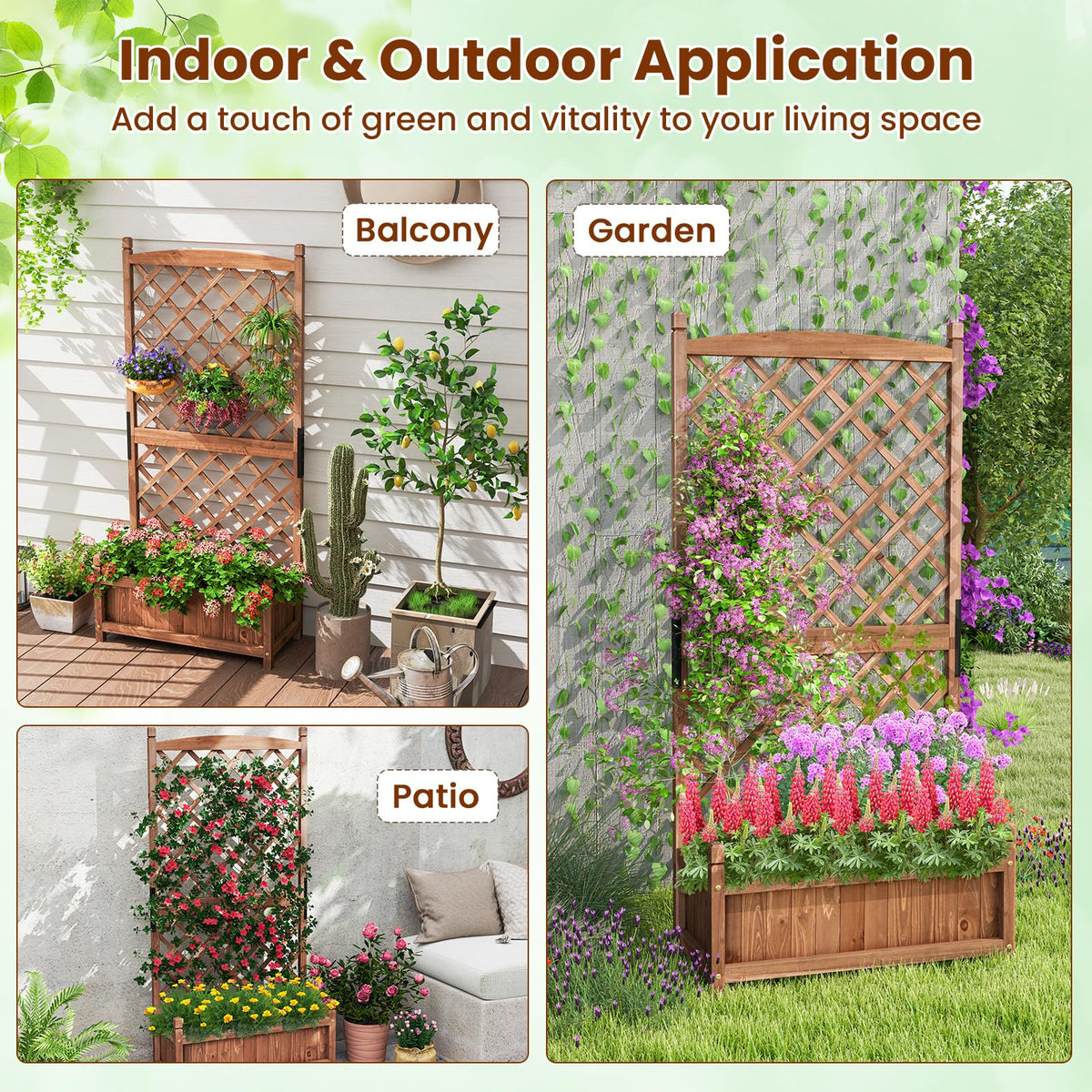 Lucktree 60” Wooden Planter Container with Drainage Holes Trellis