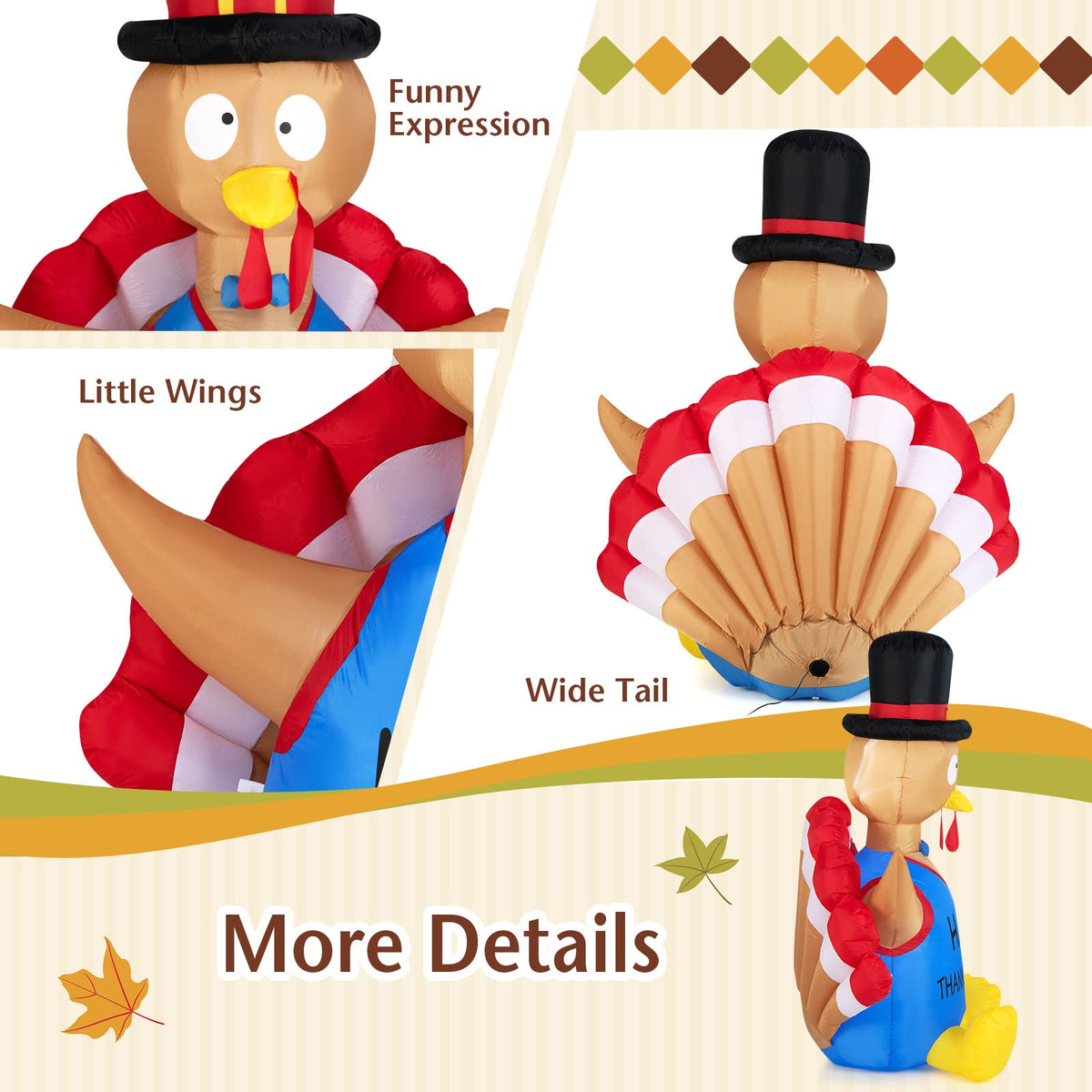 Lucktree 6 FT Thanksgiving Inflatable Turkey, Lighted Thanksgiving Decorations for Lawn, Garden, Party