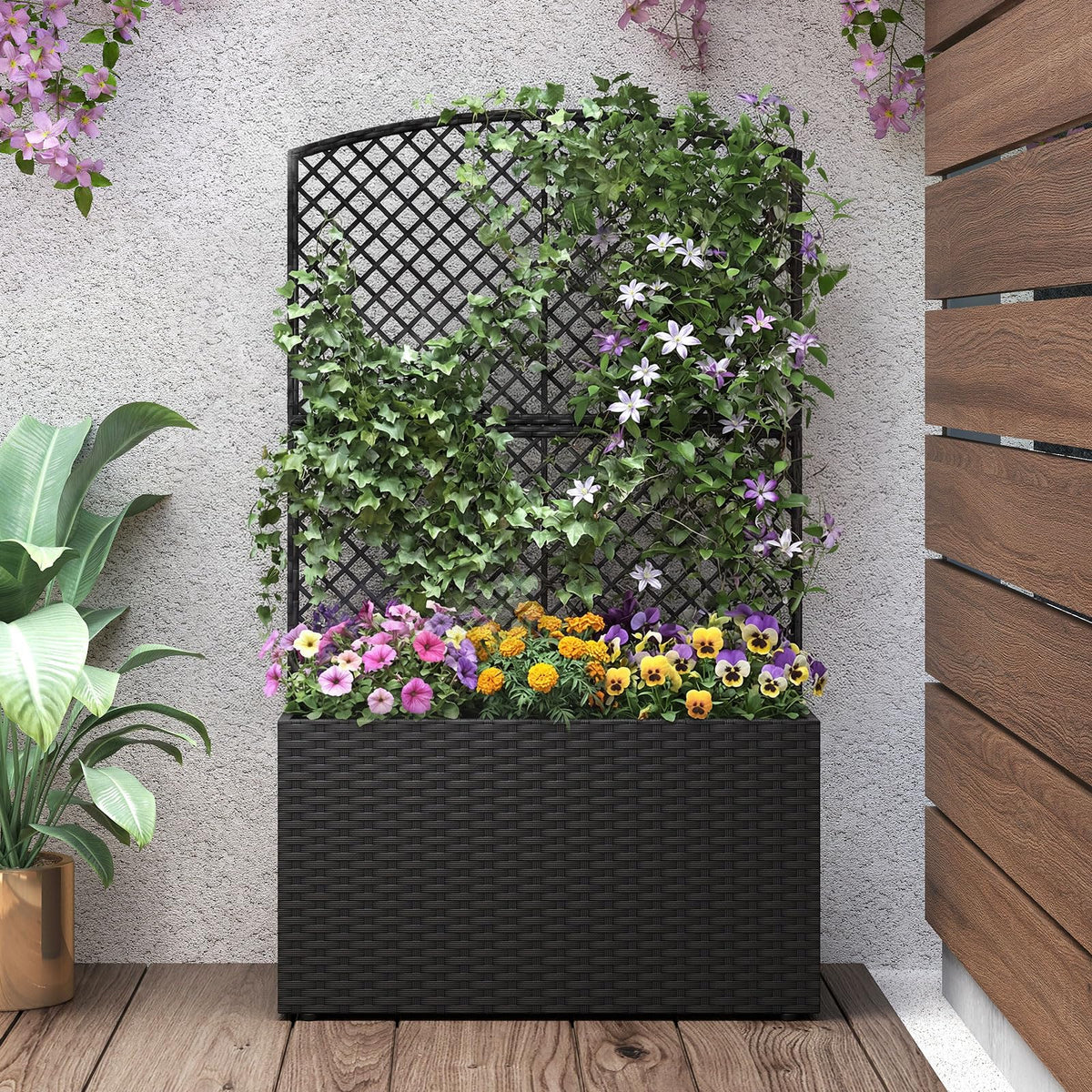 Lucktree 49 inch Tall PE Rattan Raised Garden Bed with Trellis