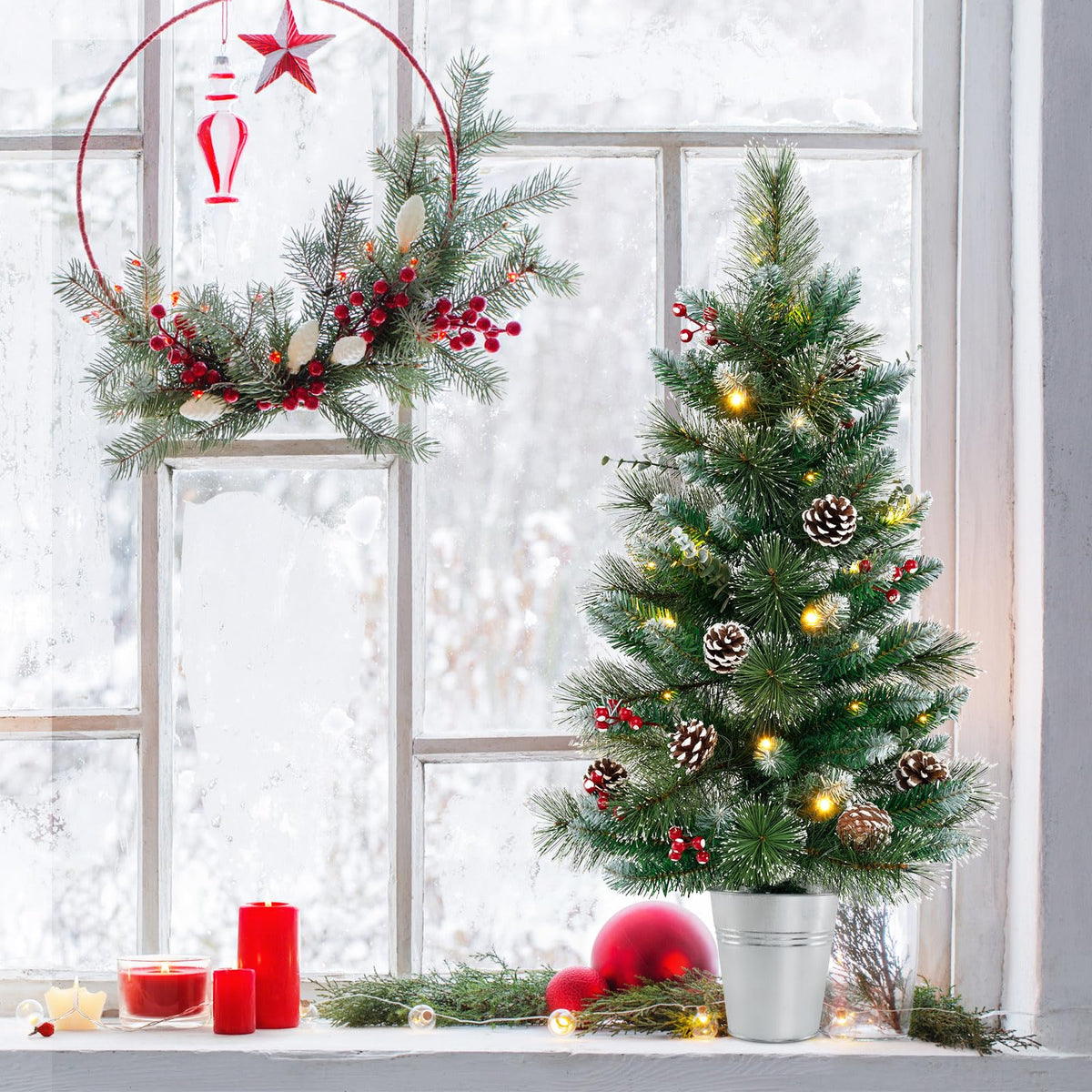 Lucktree 3ft Pre-Lit Mini Tabletop Christmas Tree with 20 Warm White LED Lights, 8 Modes, Timer, 81 PVC & Pine Needles