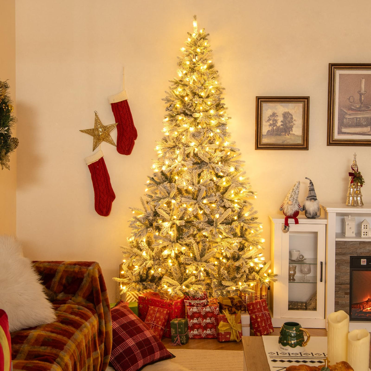 Lucktree 7 FT Half Snow Flocked Christmas Tree with 240 Warm White & Multicolored LED Lights
