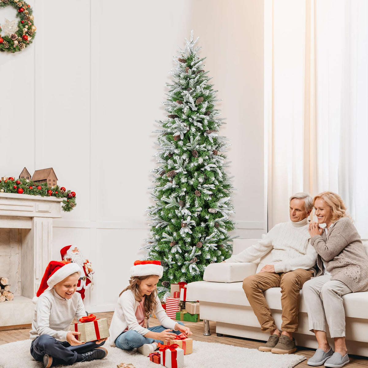 Lucktree 7.5 FT Pre-Lit Pencil Christmas Tree, Artificial Snow Flocked Hinged Fake Slim Xmas Tree with 350 Warm-White LED Lights