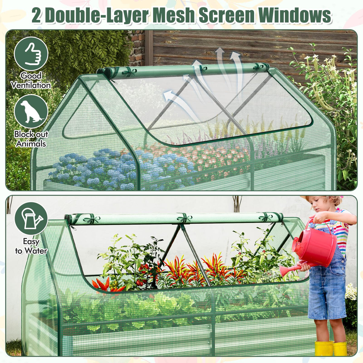 Lucktree Galvanized Steel Raised Garden Bed with Mini Greenhouse, Outdoor Metal Planter Box Kit with Large Roll-up Cover