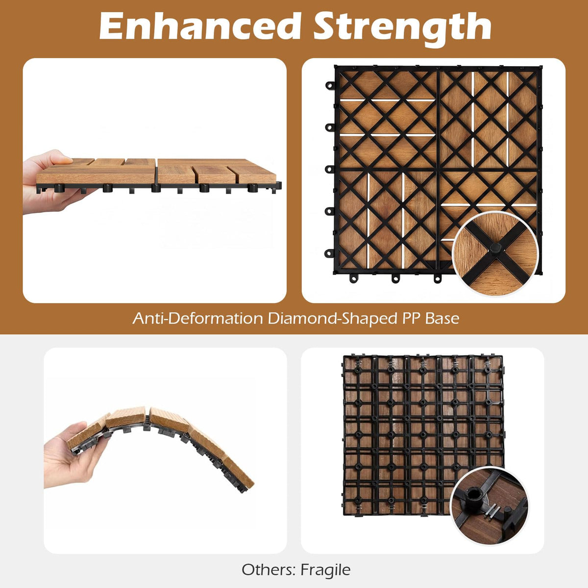 Lucktree 12" x 12" Interlocking Acacia Wood Deck Tiles