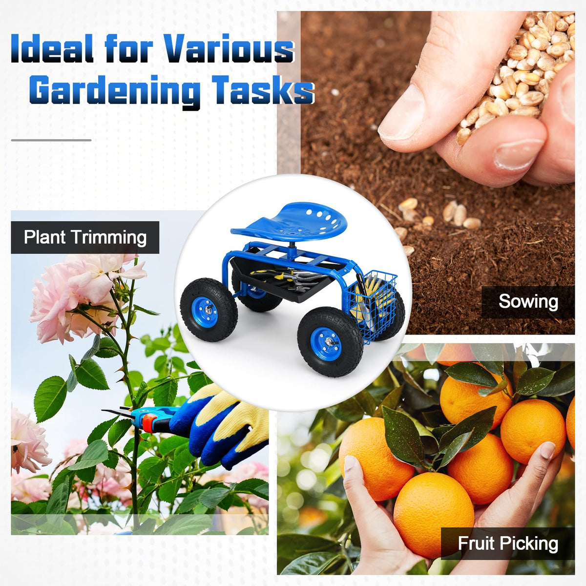 Lucktree Garden Cart Rolling Tray Gardening Planting with Work Seat