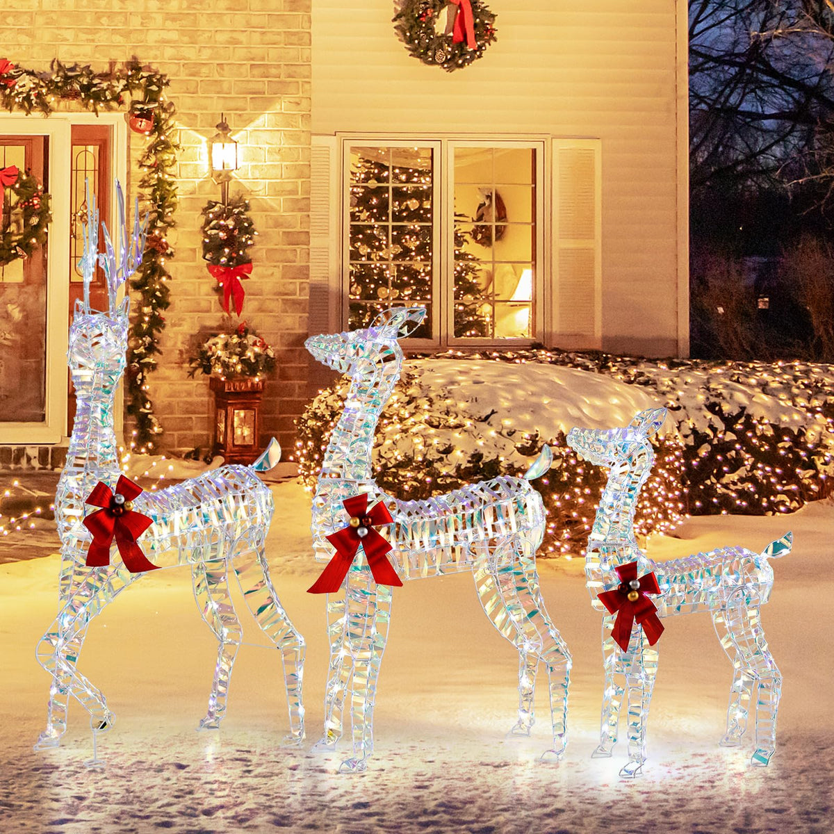 Lucktree 3-Piece Large Lighted Christmas Reindeer Family, Light up Xmas Decorations w/LED Lights & Bows