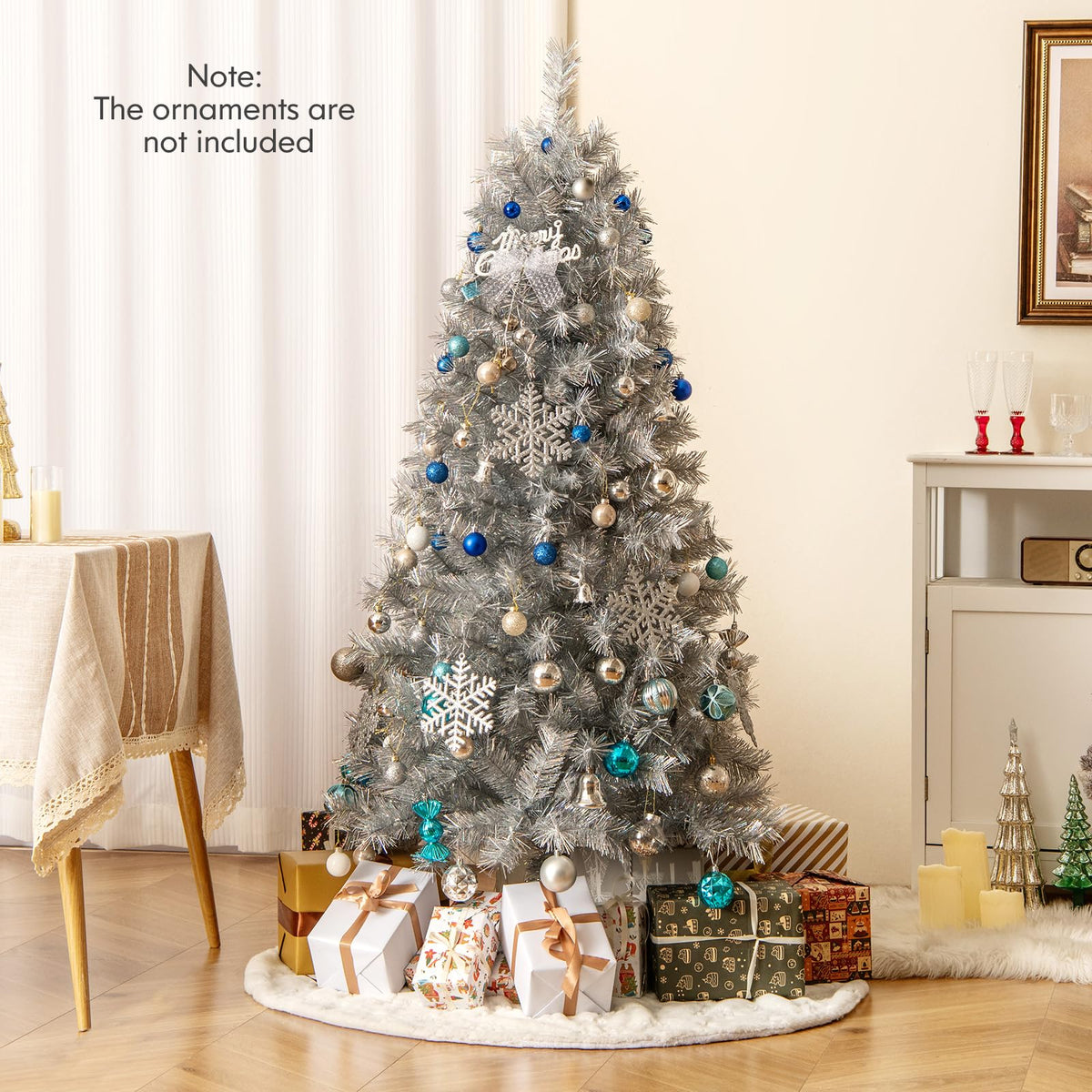Lucktree 5ft / 6ft / 7 ft Pre-Lit Silver Tinsel Christmas Tree with Warm White LED Lights