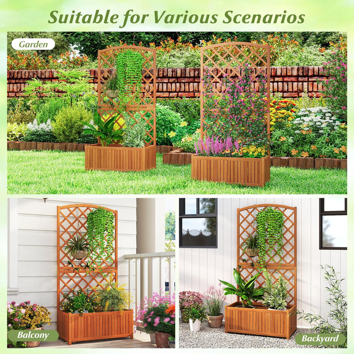 Lucktree Solid Acacia Wood Planter Box with Trellis 63" Raised Garden Bed with Trellis