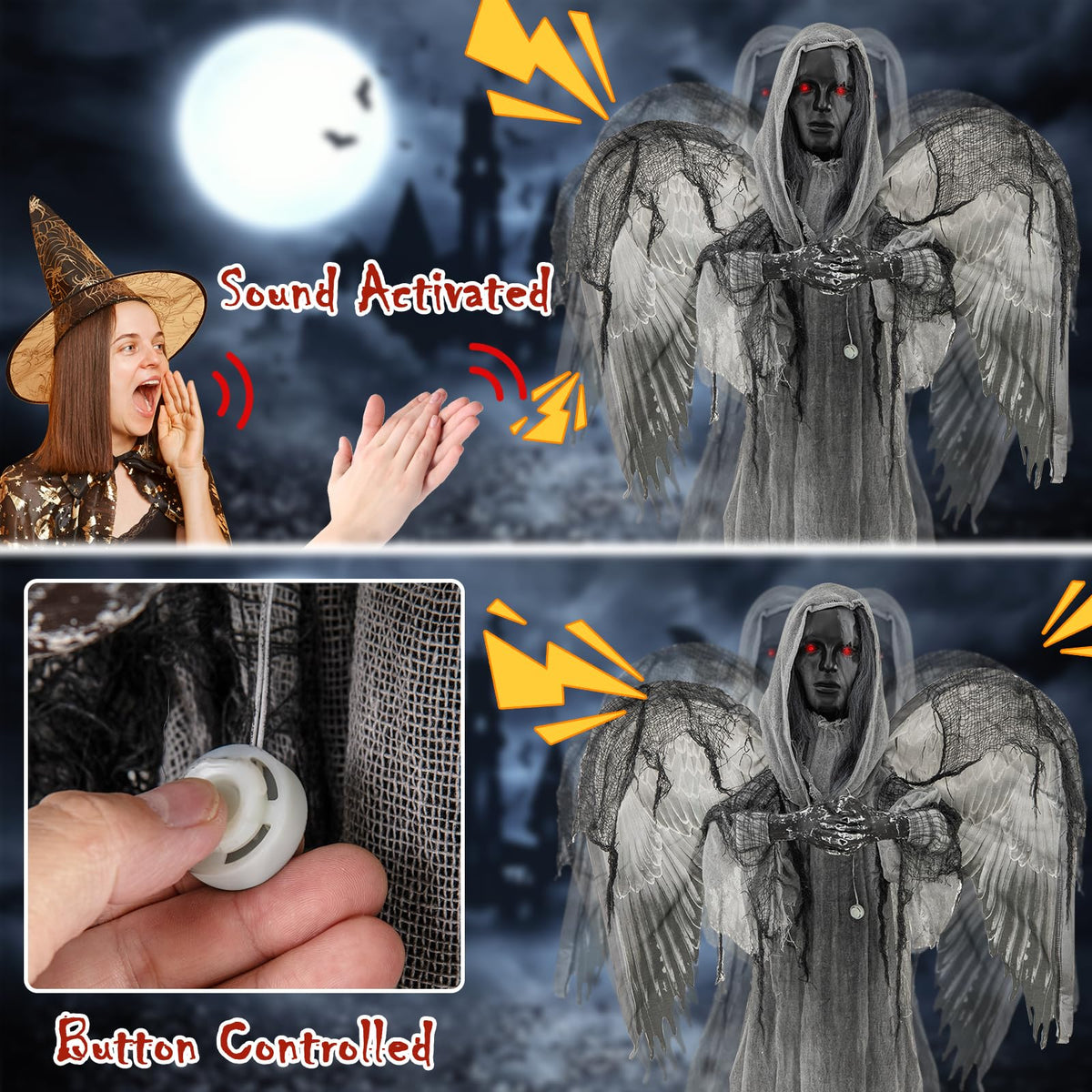 Lucktree 5.5 FT Halloween Animated Praying Angel Statue with Light Up Eyes & Shaking Wings