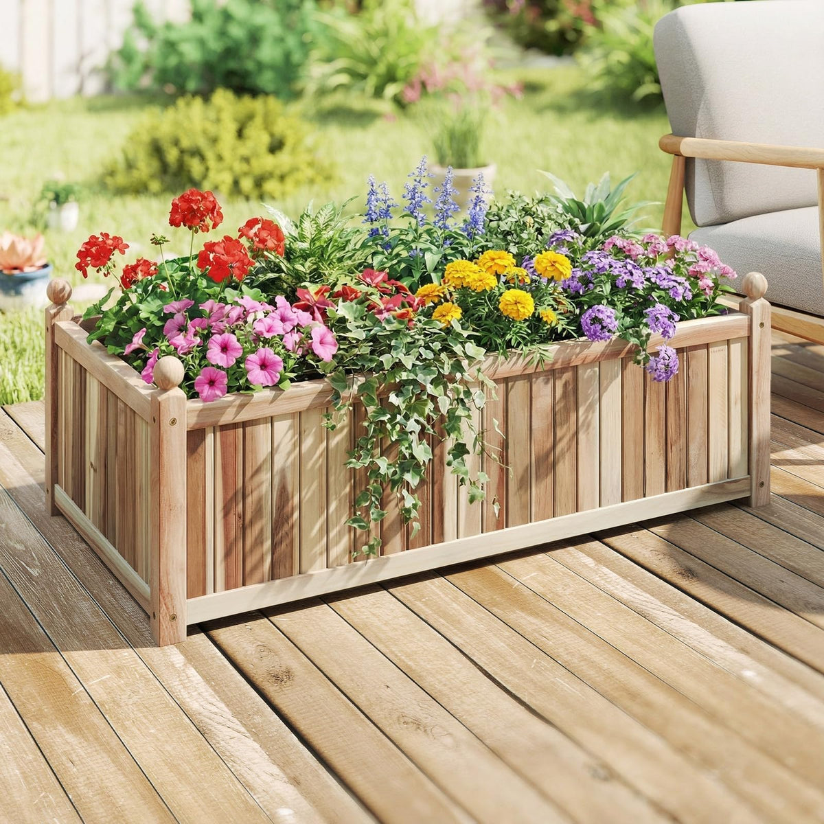 Lucktree Wooden Raised Garden Bed Natural Acacia Wood Rectangular Planter Box with Liner
