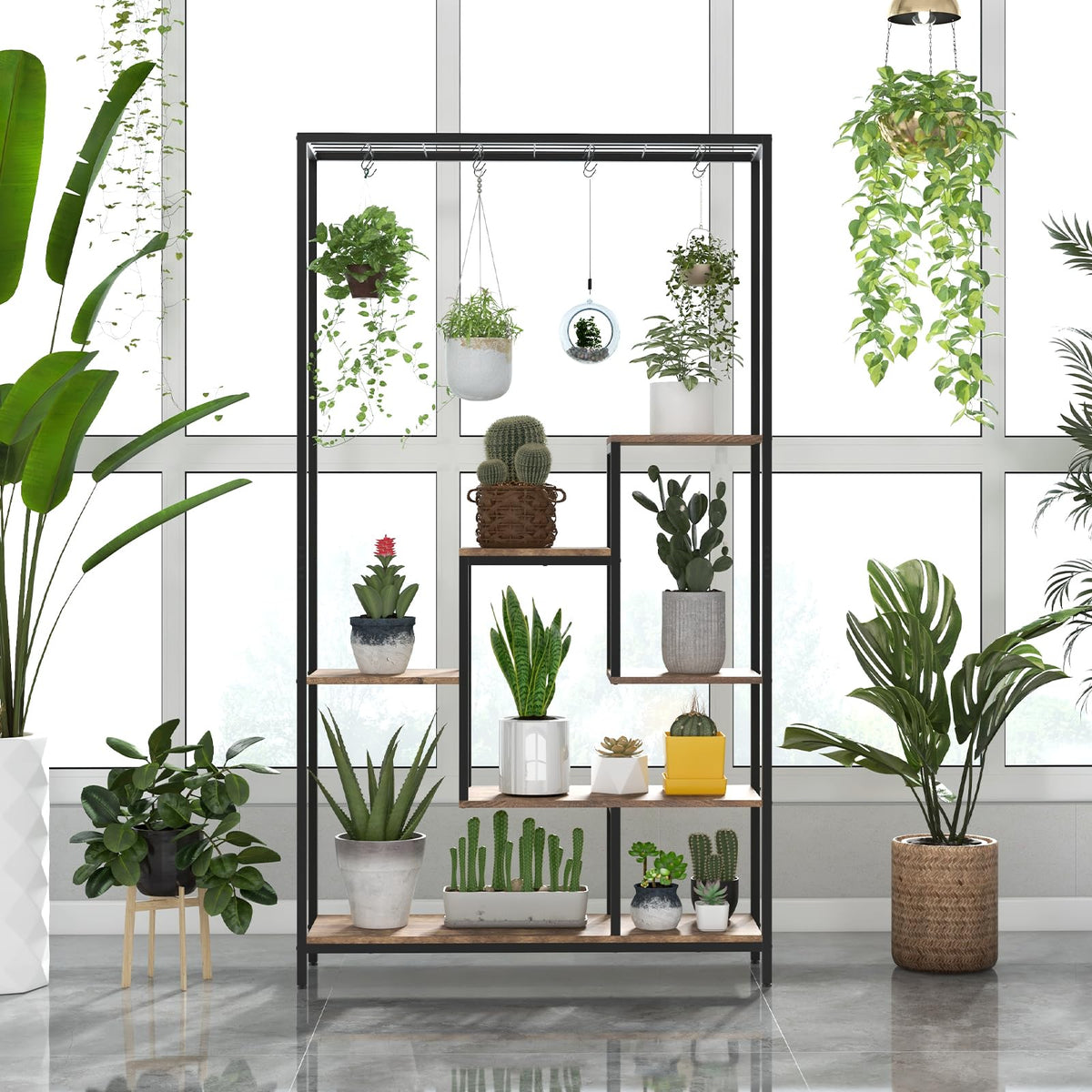 Lucktree 71" Tall Plant Stand Indoor, 6-Tier Metal Plant Shelf with 10 Hanging Hooks