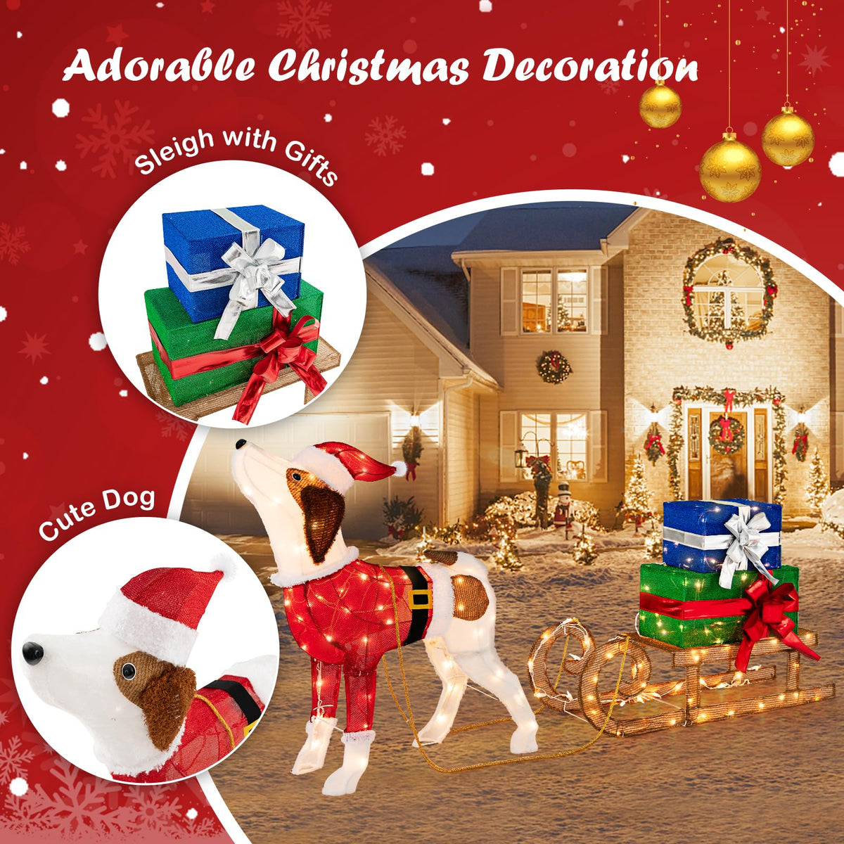 Lucktree Lighted Christmas Dog with Sleigh & Gift Boxes Combo Decorations