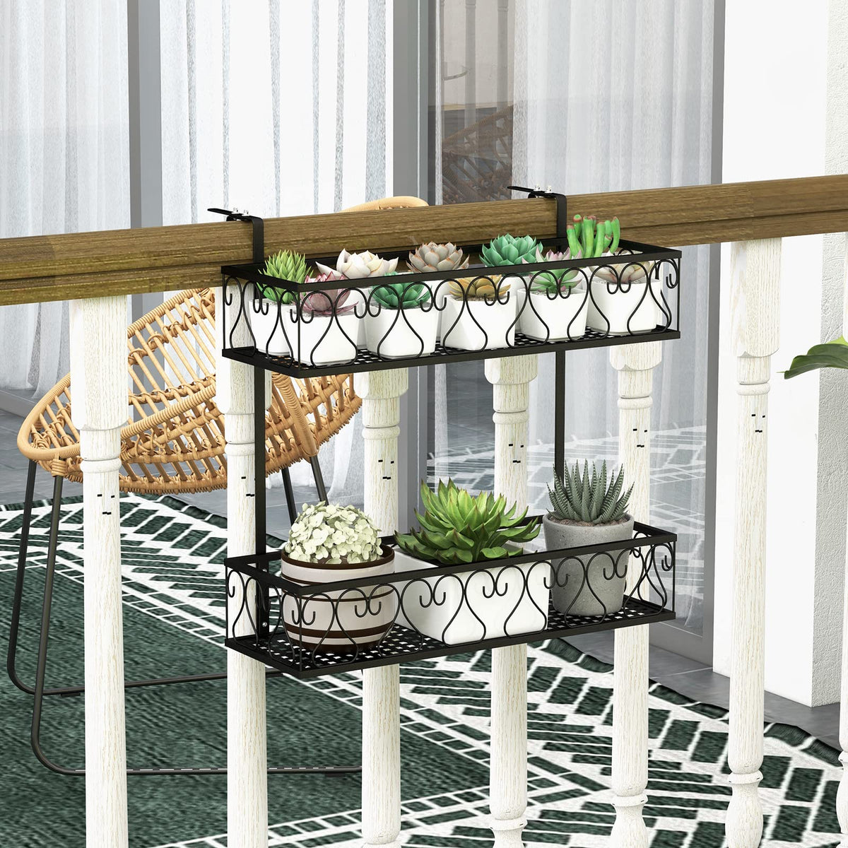 Lucktree Balcoy Flower Pot Stand Rack w/ Adjustable Hooks & 2 Planter Baskets