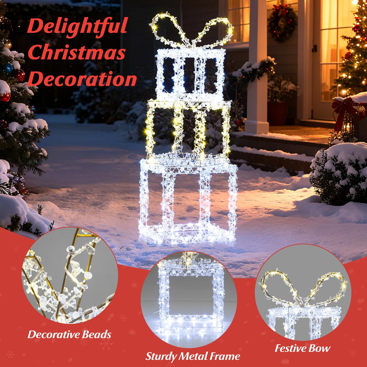 Lucktree Stacked Lighted Gift Boxes Set of 3 Pre-Lit Christmas Present Box Lights