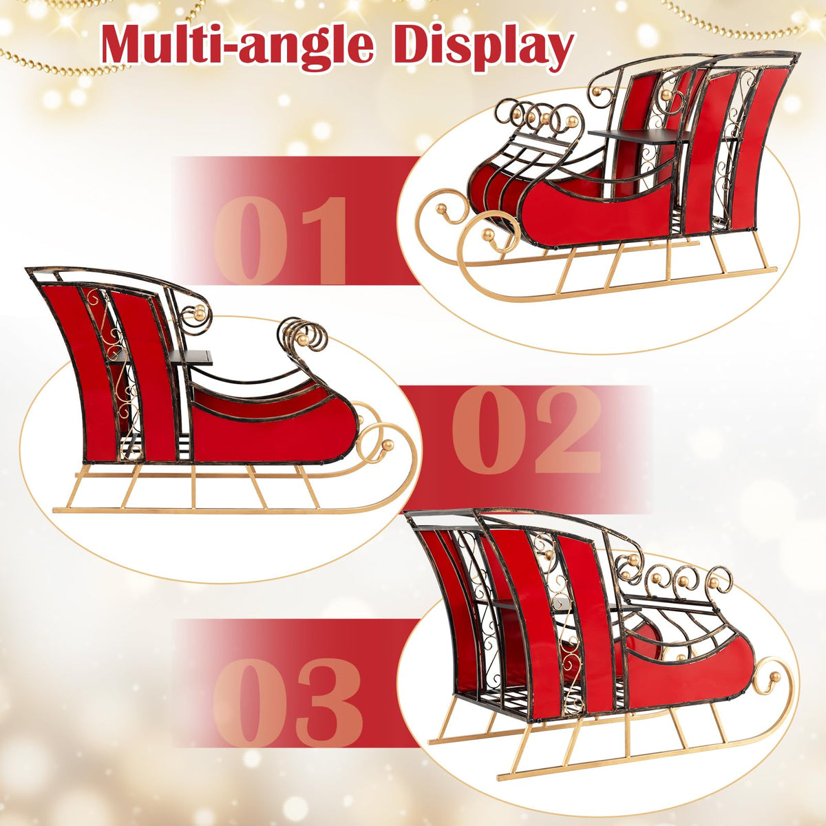 Lucktree Metal Christmas Santa Sleigh Basket, Xmas Festival Holiday Decorative Santa’s Sleigh with 2-Tier Storage Shelf