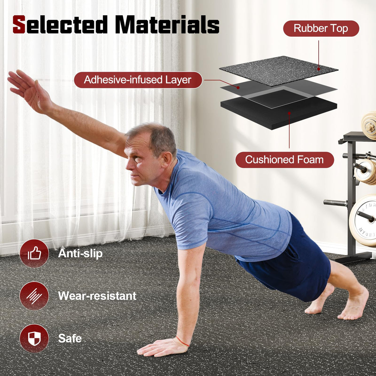 Lucktree 0.79" Thick Rubber Top Exercise Mat 48 Sq Ft