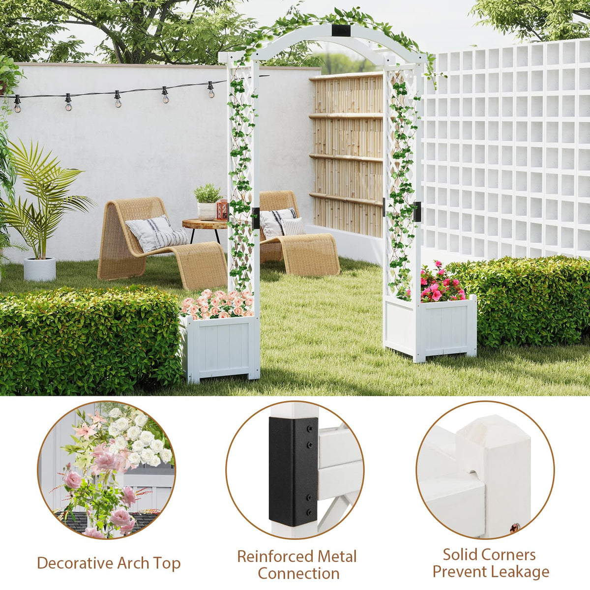 Lucktree Garden Arbor with Planter, Wooden Planter Arch with Trellis, Outdoor Arch for Climbing Plants