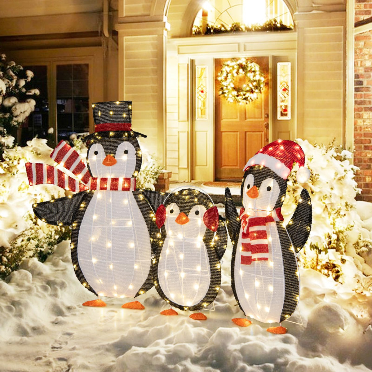 Lucktree Set of 3 Lighted Christmas Penguins with LED Lights Outdoor Glowing Holiday Display