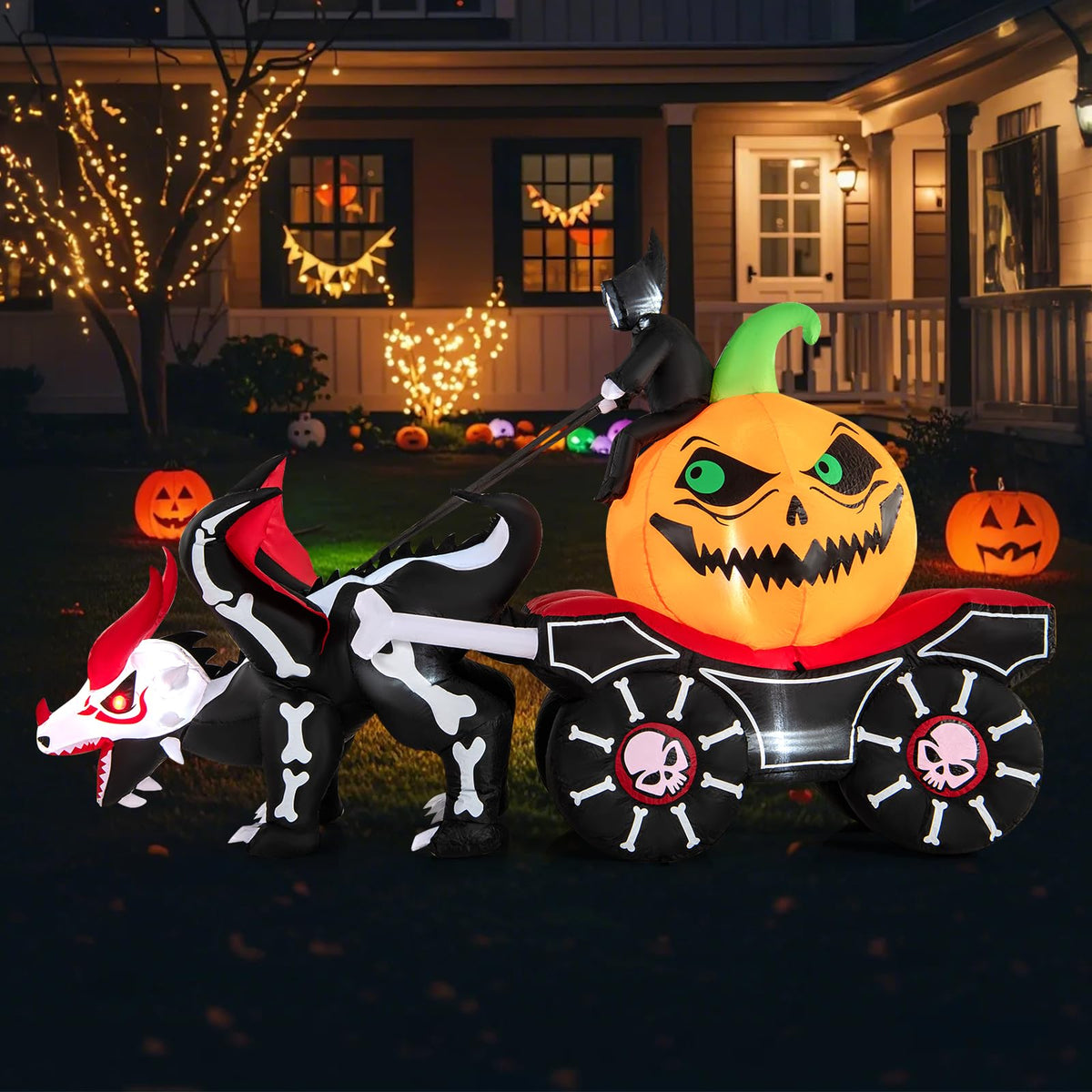 Lucktree 9 FT Halloween Inflatable Outdoor Decoration, Blow up Grim Reaper Driving Pumpkin Carriage