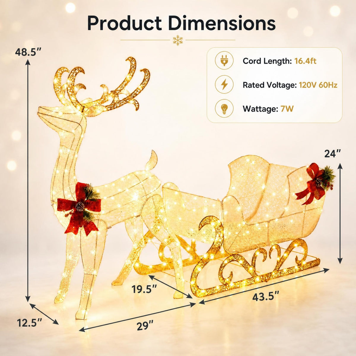 4FT Christmas Lighted Reindeer & Santa’s Sleigh, Pre-lit Xmas Yard Decoration with 215 Warm White LED Lights, Ground Stakes & Zip Ties, Indoor Outdoor Holiday Decoration for Home, Yard, Garden