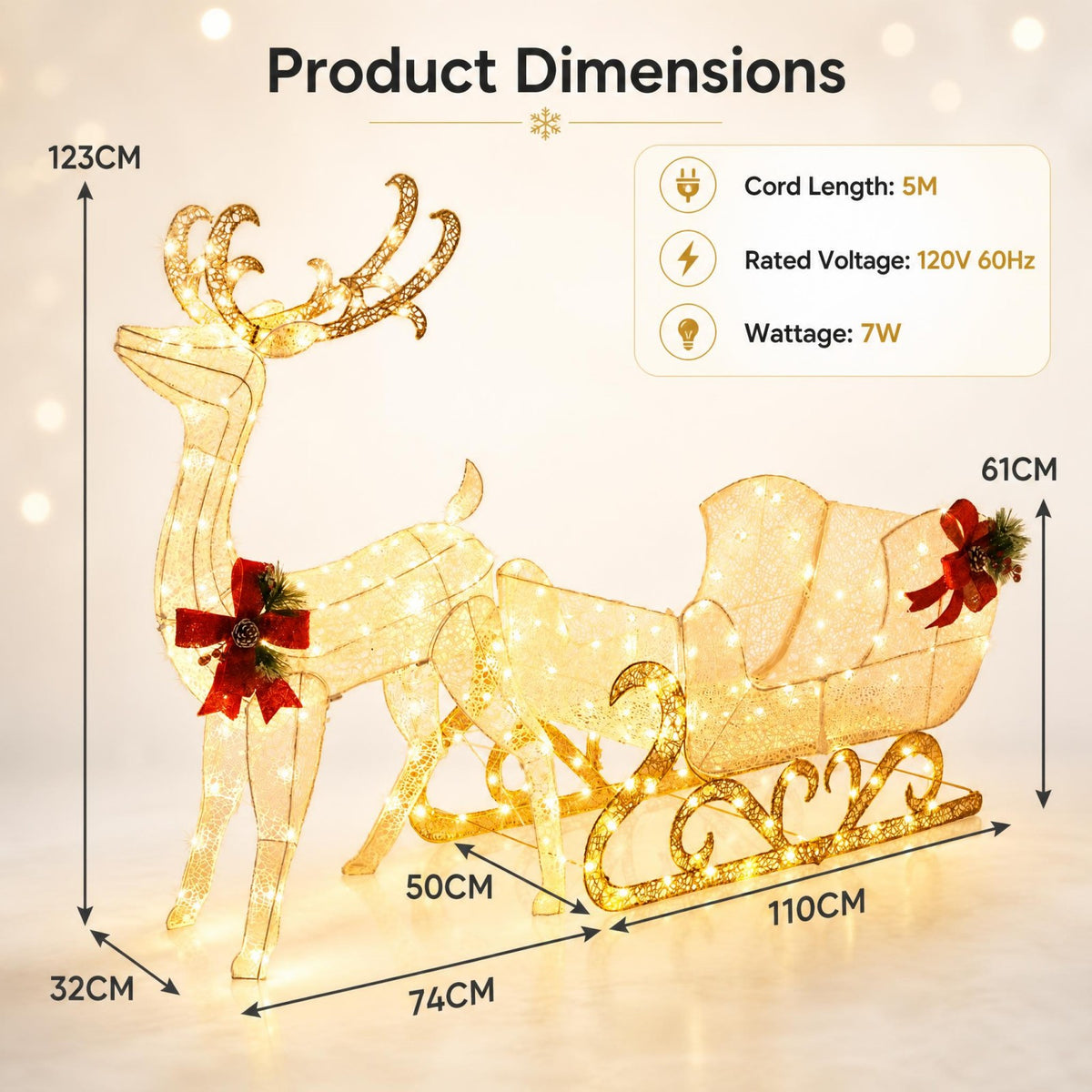 4FT Christmas Lighted Reindeer & Santa’s Sleigh, Pre-lit Xmas Yard Decoration with 215 Warm White LED Lights, Ground Stakes & Zip Ties, Indoor Outdoor Holiday Decoration for Home, Yard, Garden