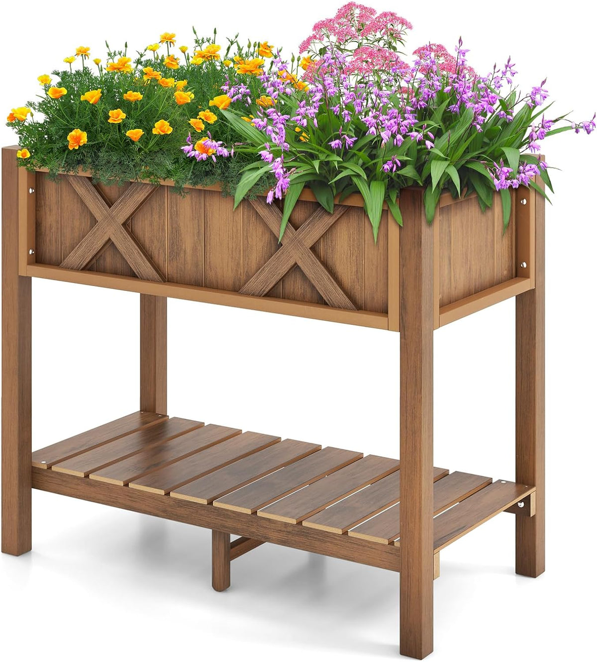 Lucktree HIPS Raised Garden Bed, Elevated Planter Box w/Legs, Storage Shelf, Drain Holes