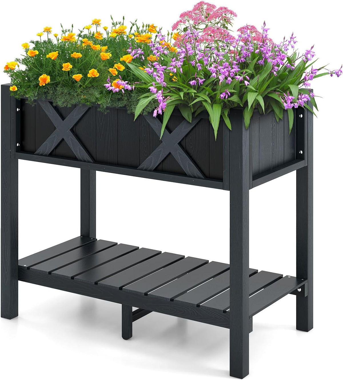 Lucktree HIPS Raised Garden Bed, Elevated Planter Box w/Legs, Storage Shelf, Drain Holes